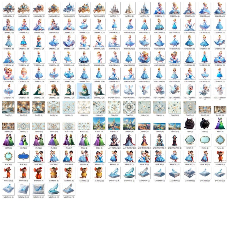 May include: A collection of digital illustrations featuring Cinderella and related characters. The images include Cinderella in various poses, carriages, castles, and other elements from the fairy tale, in a variety of styles and sizes.