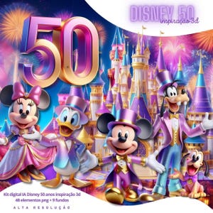 Puede incluir: Ilustración digital del 50 aniversario de Disney, con Mickey, Minnie, Donald, Goofy y Pluto vestidos de gala. El fondo incluye un castillo y fuegos artificiales, con los números "50" y el texto "DISNEY 50".