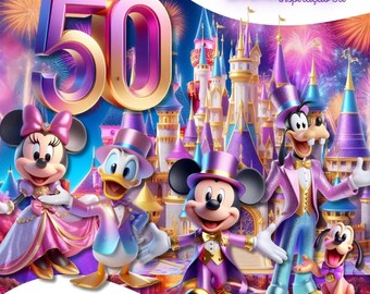 Paquete de imágenes prediseñadas del 50.º aniversario de Disney: Mickey y sus amigos PNG, tema de fiesta en el castillo, descarga instantánea, kit de celebración mágica