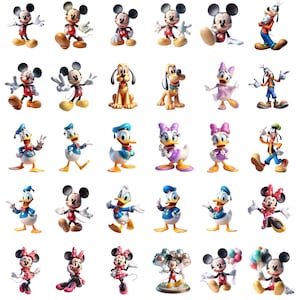 May include: A collection of cartoon character figurines, including Mickey Mouse, Minnie Mouse, Donald Duck, Daisy Duck, Goofy, and Pluto. The figurines are in various poses and outfits, with bright colors and detailed designs.