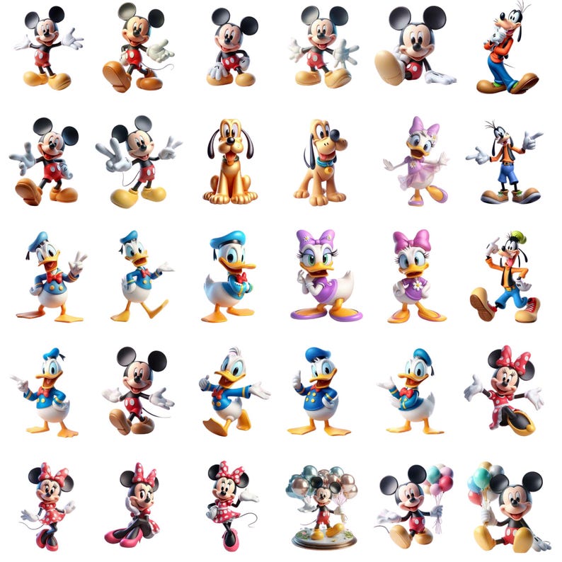May include: A collection of cartoon character figurines, including Mickey Mouse, Minnie Mouse, Donald Duck, Daisy Duck, Goofy, and Pluto. The figurines are in various poses and outfits, with bright colors and detailed designs.