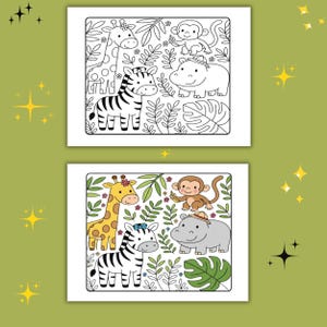 May include: Two coloring pages featuring cartoon animals in a jungle setting. The top page shows a giraffe, zebra, monkey, and hippo in black and white. The bottom page has the same animals colored in yellow, brown, and gray.