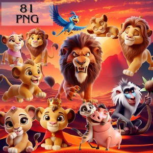 Puede incluir: Ilustración digital con personajes de una popular película de animación. La imagen incluye leones, un pájaro, un suricato y un jabalí, sobre un fondo de puesta de sol. El texto "81 PNG" está en la esquina superior izquierda.