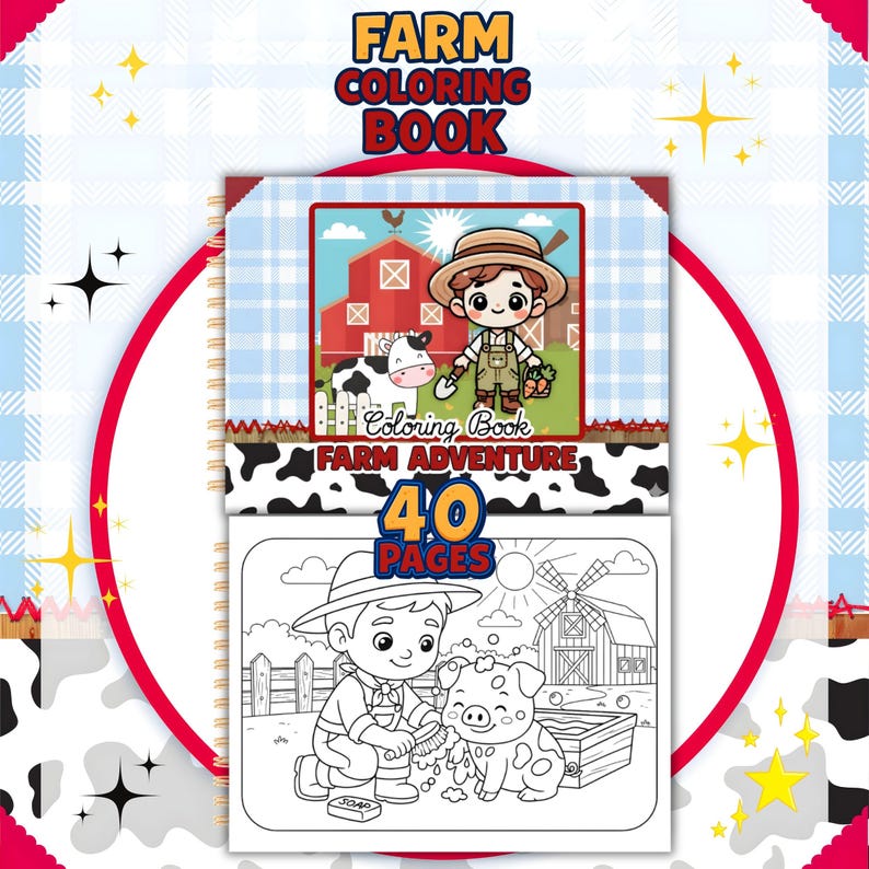 May include: A spiral-bound "Farm Coloring Book" with a red and white cover design. The cover features a cartoon farmer, a cow, and a red barn. The book includes the text "Farm Adventure" and "40 Pages".