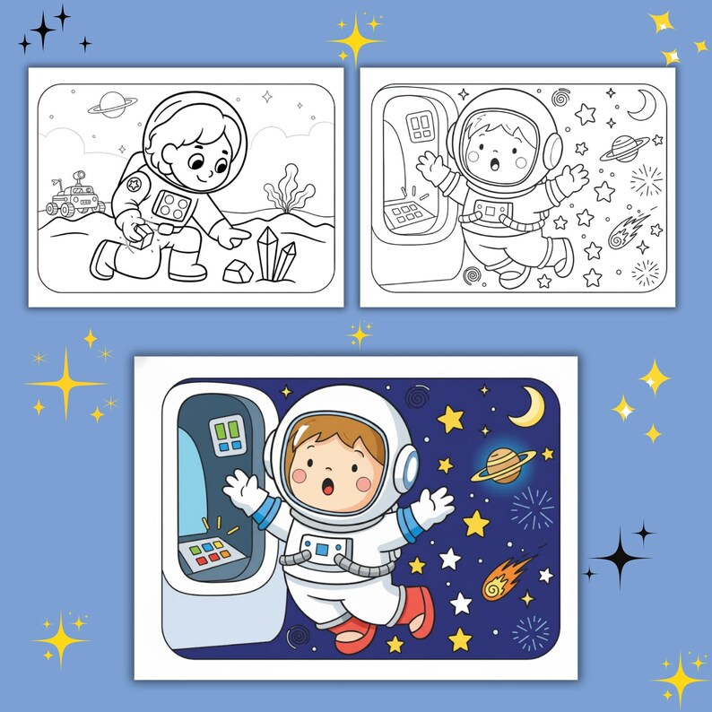 May include: Three black and white illustrations of astronauts in space. One astronaut is on a planet, another is floating in space, and the third is near a spaceship control panel. The background is a blue color with yellow stars.