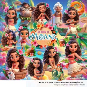 Op de afbeelding: Een digitale kunstcollectie met personages uit de animatiefilm "Moana". De afbeelding toont meerdere illustraties van Moana, Maui en andere personages, omringd door tropische bloemen en oceaanscènes. De tekst "KIT DIGITAL 3D MOANA" is zichtbaar.