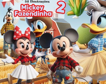 Mickey Farm Clipart Bundle – 52 PNG + Backgrounds, Mickey & Friends Farmer Theme Digital Download for Party, Sublimation and Decoration