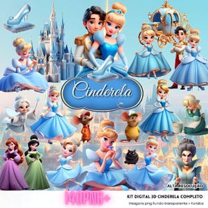May include: A digital art collection featuring Cinderella and related characters. The image includes Cinderella in a blue gown, a glass slipper, a castle, and the text "Cinderela". Other characters include the prince, mice, and the evil stepmother.