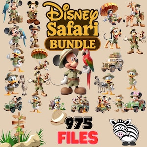 Pode incluir: Um pacote digital com personagens da Disney em trajes de safari. Mickey Mouse, Pato Donald e outros personagens são retratados com chapéus de safari, jipes e animais. A imagem inclui o texto "Disney Safari Bundle" e "975 Files."