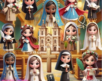 Cute Catholic Little Saints Clipart Bundle | 70 PNGs 300 DPI | Chibi / Watercolor Saints for Baptism, First Communion, Kid Projects