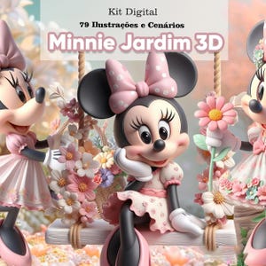 Puede incluir: Ilustración digital de Minnie Mouse en un jardín. Minnie Mouse lleva un lazo rosa, un vestido y zapatos. La imagen incluye el texto "Kit Digital" y "Minnie Jardim 3D."