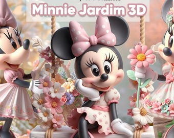 May include: Digital art featuring Minnie Mouse in a garden setting. Minnie Mouse is depicted with a pink bow, dress, and shoes. The image includes text that reads "Kit Digital" and "Minnie Jardim 3D."