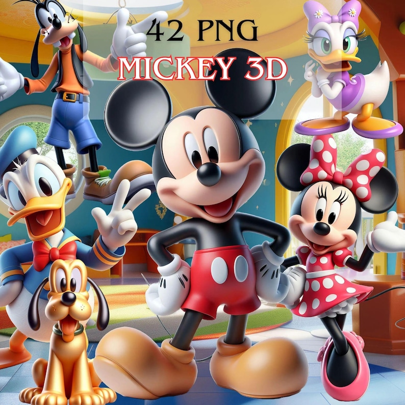May include: A vibrant image featuring several cartoon characters, including Mickey Mouse, Minnie Mouse, Donald Duck, Goofy, Pluto, and Daisy Duck. The text "42 PNG MICKEY 3D" is displayed at the top. The characters are in bright colors and various poses.