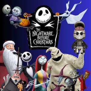 Pode incluir: Imagem promocional com personagens de "O Estranho Mundo de Jack" em um fundo azul. A imagem inclui Jack Skellington, Sally, Oogie Boogie e outros personagens do filme. O título do filme também é exibido.