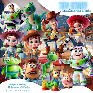 May include: A collection of Toy Story character figurines, including Woody, Buzz Lightyear, and Jessie, in a vibrant, cartoon style. The image includes the text "TOY STORY tradicional e cute" and "Kit digital IA Toy Story".