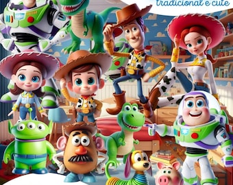 May include: A collection of Toy Story character figurines, including Woody, Buzz Lightyear, and Jessie, in a vibrant, cartoon style. The image includes the text "TOY STORY tradicional e cute" and "Kit digital IA Toy Story".
