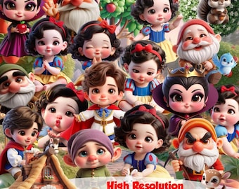 Peut inclure: Illustration numérique de Blanche-Neige, la Reine Maléfique, le Prince et les sept nains. Les personnages sont représentés dans un style mignon et cartoon, entourés d'un décor forestier. Le texte "High Resolution", "115 PNG" et "20 JPG" est inclus.