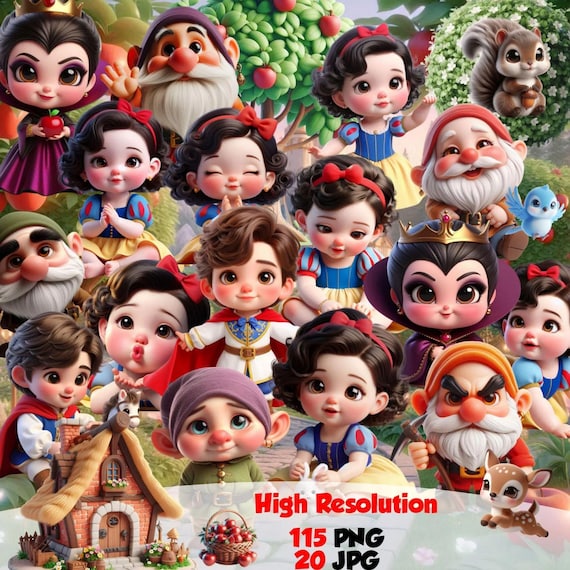 Snow White Baby Clipart Bundle | 115 PNG Illustrations + 20 JPG | Cute Fairytale Characters | High-Resolution Digital Download