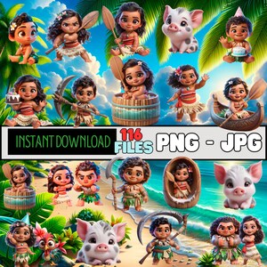 Vaiana PNG Clipart-paket – 116 filer direktnedladdning (86 transparenta PNG + JPG-bakgrunder) Tropisk ö-festgrafik