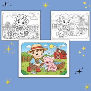 May include: Three coloring book pages featuring farm scenes. One shows a farmer with carrots, another shows a farmer washing a pig, and the last shows a farmer with a pig near a wooden tub. All illustrations are in black and white.