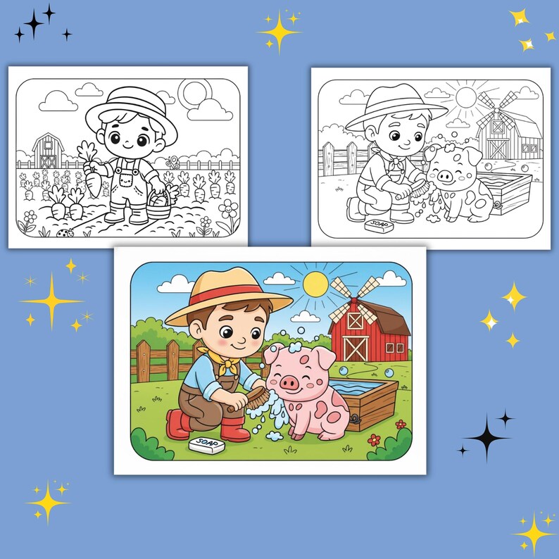 May include: Three coloring book pages featuring farm scenes. One shows a farmer with carrots, another shows a farmer washing a pig, and the last shows a farmer with a pig near a wooden tub. All illustrations are in black and white.