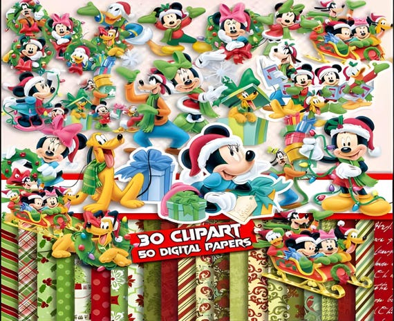 Mickey Christmas Clipart, Disney Holiday PNG Bundle, 30 Characters, 50 Digital Papers, 300 DPI, Scrapbooking