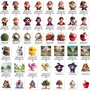May include: A collection of digital illustrations featuring characters and elements from a fairy tale. Includes Snow White, dwarfs, a witch, animals, mirrors, apples, and forest scenes. The text "BRANCA DE NEVE BABY" is present.