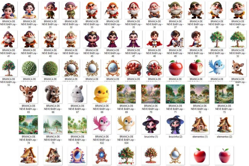 May include: A collection of digital illustrations featuring characters and elements from a fairy tale. Includes Snow White, dwarfs, a witch, animals, mirrors, apples, and forest scenes. The text "BRANCA DE NEVE BABY" is present.