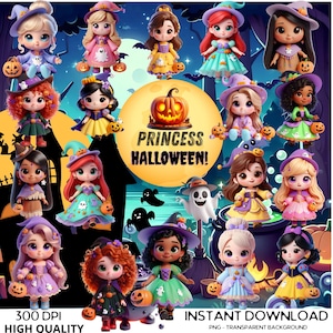 May include: A digital illustration of princess dolls in Halloween costumes, holding pumpkins and wearing witch hats. The image includes the text "PRINCESS HALLOWEEN!" on a large pumpkin, with a dark, spooky background.