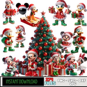 Puede incluir: Ilustración digital festiva con varios personajes de Disney vestidos con trajes de Papá Noel. Mickey Mouse, Minnie Mouse, Donald Duck, Daisy Duck, Goofy y Pluto, rodeados de regalos de Navidad y un árbol decorado.