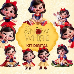 Puede incluir: Un kit digital con múltiples ilustraciones de Blancanieves en varias poses. Cada personaje lleva un lazo rojo, un corpiño azul y rojo y una falda amarilla. El texto "Snow White" y "Kit Digital" se muestra sobre un fondo amarillo.