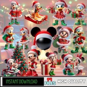 Puede incluir: Una colección de personajes de Disney vestidos con trajes de Papá Noel, incluyendo Mickey y Minnie Mouse, Donald y Daisy Duck, y Goofy. Los personajes sostienen regalos y están ambientados en un fondo navideño festivo. Incluye el texto "INSTANT DOWNLOAD" y "94 FILES HIGH QUALITY".