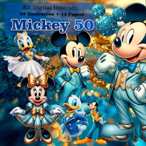 Puede incluir: Ilustración digital de Mickey Mouse y sus amigos con ropa formal. Mickey, Minnie, Donald Duck, Daisy Duck y Goofy están representados en tonos azules y dorados. El texto "Kit Digital Ilustrado" y "Mickey 50" también está presente.