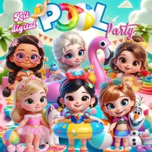 May include: A digital kit featuring cartoon characters at a pool party. The image includes the text "Pool Party" and "Kit Digital". The characters are surrounded by pool floats, a flamingo, and beach balls. The characters are wearing swimsuits and summer accessories.