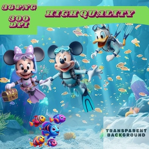 Puede incluir: Ilustración digital vibrante con Mickey Mouse, Minnie Mouse y Pato Donald buceando bajo el agua, rodeados de peces y corales coloridos. El texto incluye "HIGH QUALITY", "36 PNG", "300 DPI" y "TRANSPARENT BACKGROUND".