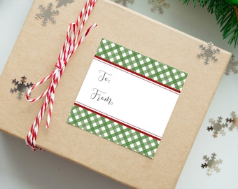 To From Gift Tags with Gingham Pattern - Set of 12 Stickers - Red and Green
