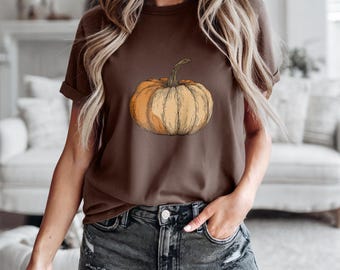 Camiseta vintage de calabaza de Acción de Gracias, camiseta minimalista de cosecha de otoño, camiseta rústica con gráfico botánico otoñal, acogedora