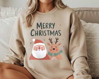 Santa & Reindeer Christmas Sweatshirt, Festive Holiday Crewneck