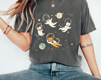 宇宙飛行士猫Tシャツ、かわいい宇宙グラフィックTシャツ