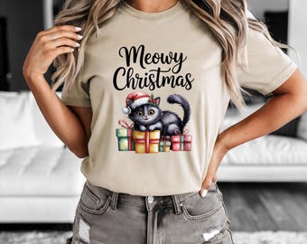 Meowy Christmas Cat T-shirt: Svart katt jultomtehatt grafiktröja