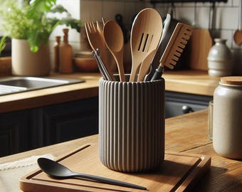 Soporte para utensilios acanalado, organizador de encimera de cocina minimalista moderno, estilo rústico.