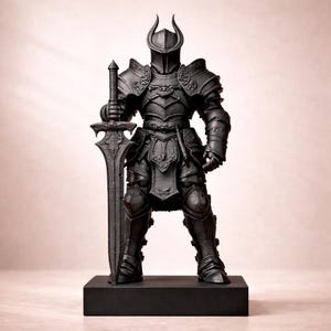 Dark Knight Statue | Medieval Warrior Sculpture, Horned Helmet, Sword, Gaming Decor