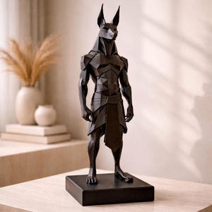May include: A matte black, geometric-style sculpture of the Egyptian deity Anubis, depicted with a jackal head and human-like muscular torso. The figure stands on a rectangular black base, featuring sharp, angular facets throughout its form.