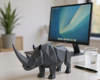 Geometric Rhino Sculpture Modern Rhino Statue Decor, Low Poly Animal Figurine, Safari Wildlife Decor Gift, Contemporary Office Shelf Accent