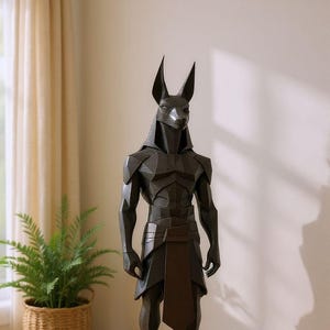 May include: A dark charcoal gray, geometric-style statue of the Egyptian deity Anubis, featuring a jackal head, muscular human-like torso, and a traditional kilt. The figure stands upright on a solid, rectangular black base with a matte finish.