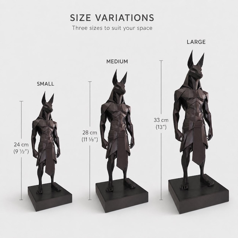 May include: Three black geometric Anubis statues in small, medium, and large sizes. The small statue is 9 1/2 inches tall, the medium is 11 1/8 inches tall, and the large is 13 inches tall. Text reads SIZE VARIATIONS, SMALL, MEDIUM, LARGE.
