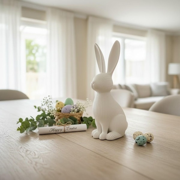 Modern Ribbed Bunny Figurine, Minimalist Easter Spring Decor, Matte White Rabbit Statue