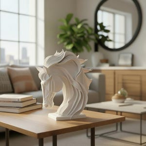May include: A white horse head sculpture with flowing mane and detailed features. The sculpture is displayed on a wooden table in a living room setting. The sculpture measures approximately 12 inches in height.