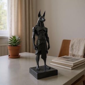 May include: A matte black, low-poly geometric sculpture of the Egyptian deity Anubis standing on a rectangular base. The figure features sharp, angular planes, pointed ears, and a traditional kilt-like garment, rendered in a solid dark finish.