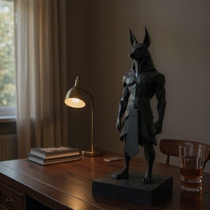 May include: A matte black, geometric, low-poly style sculpture of the Egyptian deity Anubis, depicted with a jackal head and human-like muscular torso, standing on a rectangular base. The figure features sharp, angular facets throughout its form.